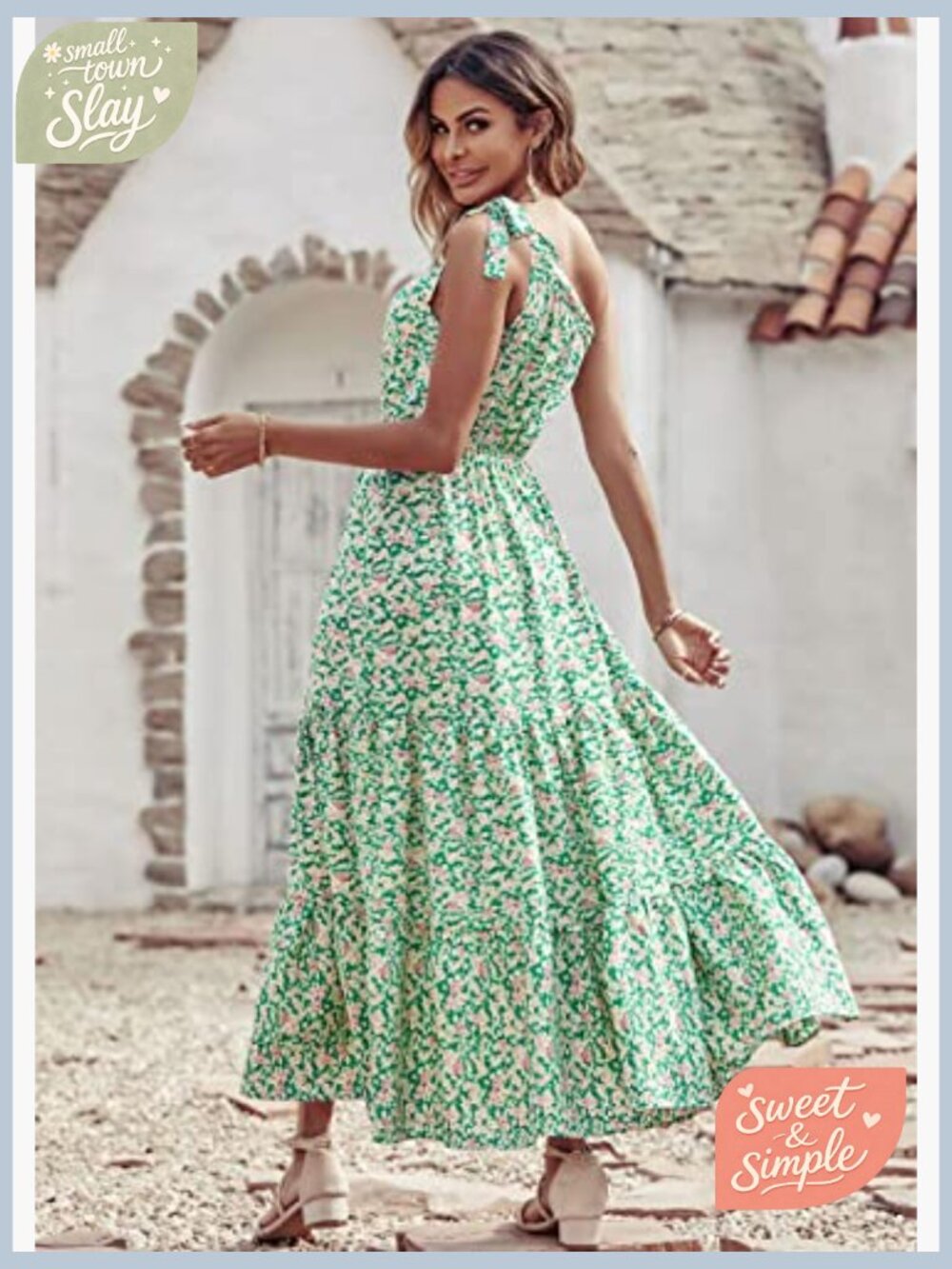 One Shoulder Maxi Dress Floral Tiered Boho Ruffled Swing Sun Dress - Picture 3 of 7